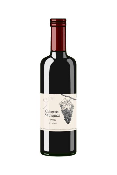 Red wine bottle with vintage style label, flat style vector illustration isolated on white background Red wine bottle with vintage style label, flat style vector illustration isolated on white background merlot grape stock illustrations