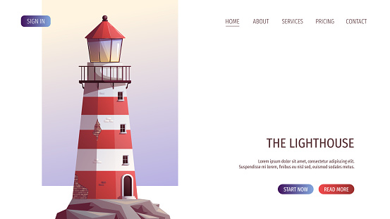 Lighthouse on the sea rock. Maritime, sea coast, marine life, nautical concept. Vector illustration. Website, banner template.