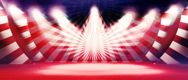 istock Abstract red sunlight horizontal background. Grunge circus vintage background. Paper cut circus panel. 3d illustration 1405350502