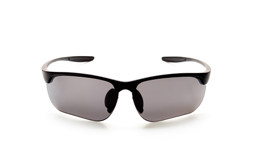 black sunglasses and a black box isolated on a white background