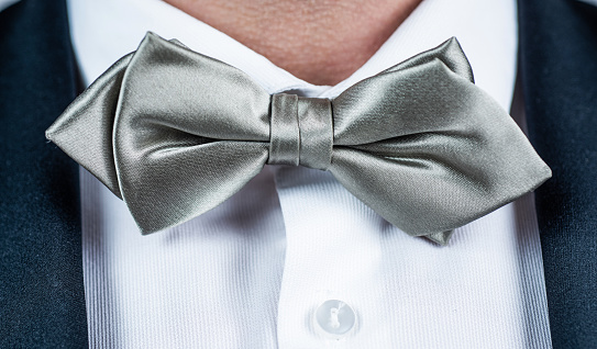 Perfect choice for your wedding party ensemble. Silver colored bowtie with white shirt. Bowtie collection. Fashion accessory. Formal style. Festive occasion. Holiday celebration.