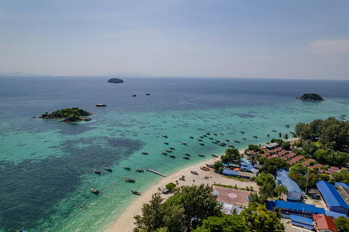 Aerial photograph of the sea at Koh Lipe, Thailand with a drone.