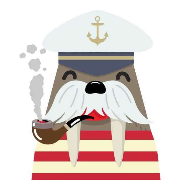 Vector illustration of Old walrus captain with Smoking Pipe