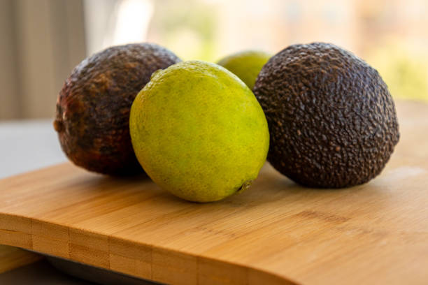 close-up of avocados in an earthenware dish on a grey cement floor, copy space