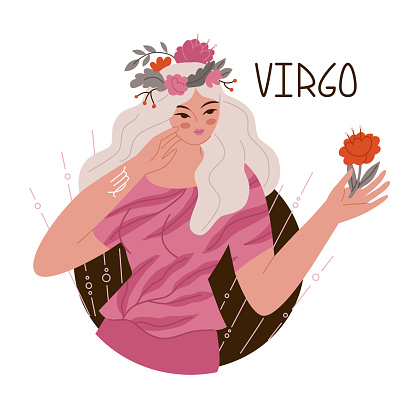 Girl in the image of the zodiac sign Virgo. Beauty astrology. Individual horoscope with beautiful women. Analysis of the characteristics of the date of birth. Flat style in vector illustration.