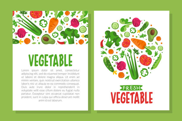 Fresh Vegetable Design with Ripe Harvested Agricultural Crop Vector Template Fresh Vegetable Design with Ripe Harvested Agricultural Crop Vector Template. Advertising Banner with Organic Natural Veggie Food digital composite nobody floral pattern flower stock illustrations