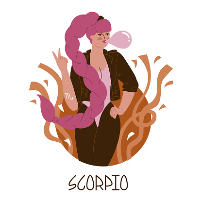 Girl in the image of the zodiac sign Scorpio. Astrology. Сheeky girl with a long plait inflates a gum bubble. Analysis of the characteristics of the date of birth. Flat style in vector illustration.