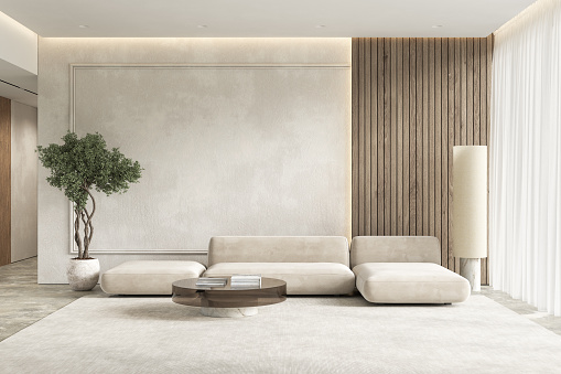 Interior beige blanco contemporáneo con panel de pared, sofá y decoración. Maqueta de ilustración de renderizado 3D. photo