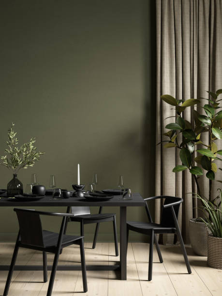 istock Green interior with dining table, plants and decor. 3d render illustration mockup. 1405360679