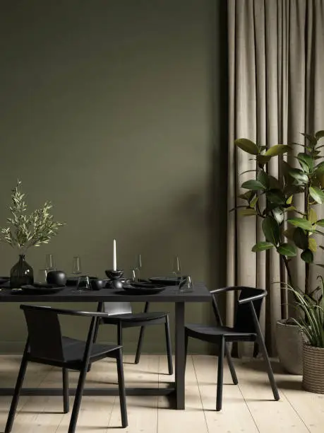 Green interior with dining table, plants and decor. 3d render illustration mockup.