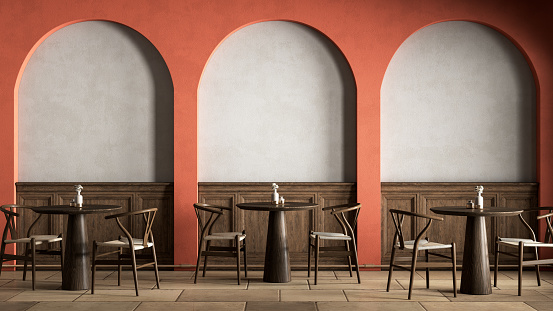 Interior with orange arcs, dinner tables and wall panel. 3d render illustration mockup.