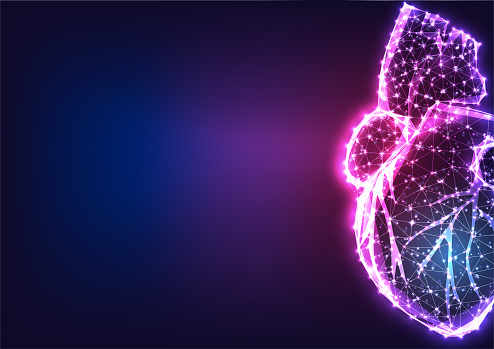 Futuristic holographic heart concept in glowing low polygonal style isolated on purple background. Cardiology, artificial heart concept. Modern wire frame mesh design vector illustration.