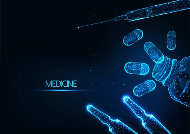 Vector illustration of Futuristic medicine, medicament treatment concept with glowing bottle pills, syringe, vial