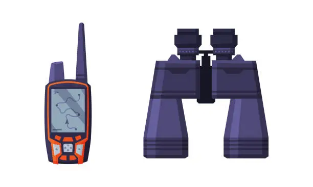 Vector illustration of Binoculars and Walkie Talkie as Hunting Accessory Vector Set