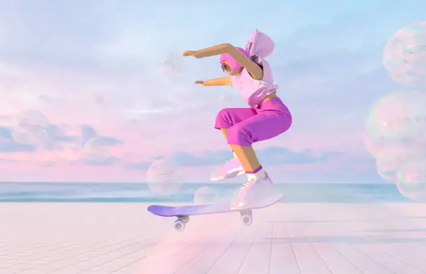 Photo of Metaverse avatar girl skateboarding in the virtual summer beach view scene. Future innovations, game and sports concept.