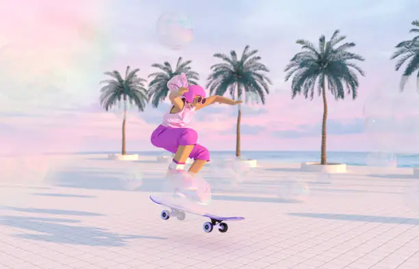 Photo of Metaverse avatar girl skateboarding in the virtual summer beach view scene. Future innovations, game and sports concept.