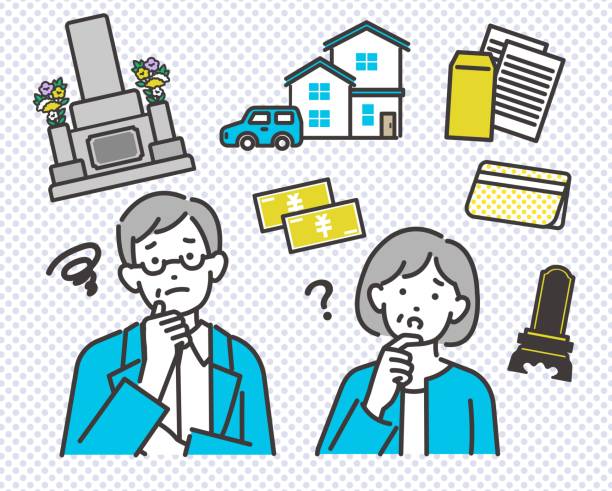 Vector illustration material of senior couple worried about end of life and funeral / worried / solution / old couple Vector illustration material of senior couple worried about end of life and funeral / worried / solution / old couple senior adult retirement question mark worried stock illustrations