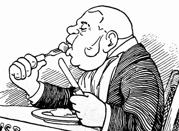 счастливый едок, вид сбоку, вилка у рта - eating men fat overweight stock illustrations