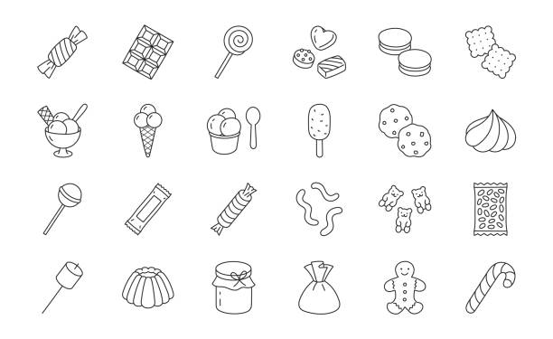 süßigkeiten kritzeln illustration einschließlich symbole - süßigkeiten, marmeladenbären, schokoladenkeks, gebäck, pudding, eiscreme, wüste, marshmallow, cracker. thin line kunst über süßwaren. bearbeitbarer strich - waffel kuchen und süßwaren stock-grafiken, -clipart, -cartoons und -symbole