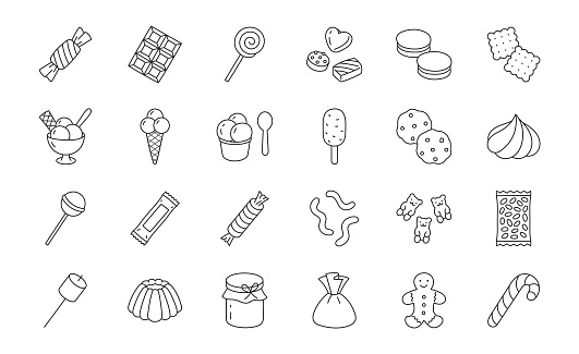 Sweets doodle illustration including icons - candy, marmalade bears, chocolate biscuit, pastry, pudding, ice cream, desert, marshmallow, cracker. Thin line art about confectionery. Editable Stroke.