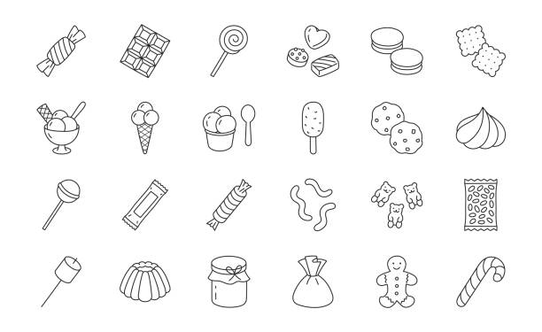 Sweets doodle illustration including icons - candy, marmalade bears, chocolate biscuit, pastry, pudding, ice cream, desert, marshmallow, cracker. Thin line art about confectionery. Editable Stroke Sweets doodle illustration including icons - candy, marmalade bears, chocolate biscuit, pastry, pudding, ice cream, desert, marshmallow, cracker. Thin line art about confectionery. Editable Stroke. chocolate chip cookie drawing stock illustrations