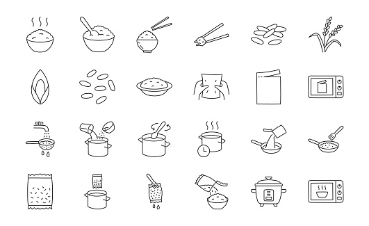 Rice doodle illustration including icons - bowl, japanese food, chopsticks, squeeze, tear bag, pan, spoon, microwave, colander, water pot. Thin line art about grain meal cooking. Editable Stroke.
