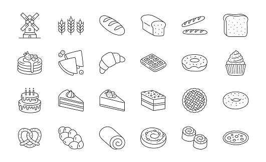 Bakery products doodle illustration including icons - cupcake, croissant, biscuit, bagel, donut, toast, baguette, dessert, cinnamon roll. Thin line art about bread and confectionery. Editable Stroke.