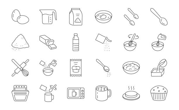 Baking Mixes doodle illustration including icons - water, muffin ingredient, bowl, dough, egg, whisk, stove, melted butter, spoon, pouch. Thin line art about bakery kitchenware. Editable Stroke.