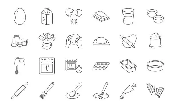 Vector illustration of Baking doodle illustration including icons - mixer, glass, preheat oven, form, butter, egg, milk, rolling pin, whisk, confectionery bag, stove. Thin line art about pastry kitchenware. Editable Stroke