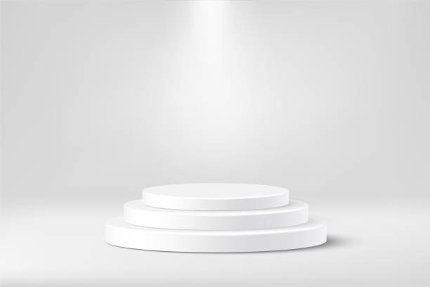 istock 3d cylinder podiums for product presentation in showroom under spotlight vector illustration. Realistic luxury white platform, grey display base with three steps isolated on grey background. 1405364293