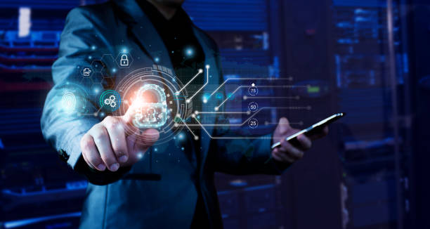 istock Cyber security concept. Businessman login access business sensitive information, data security, secure company internet network, hack protection, fingerprint scanner, cyber space, business security 1405364402