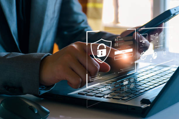 Cyber security concept. Businessman login access business sensitive information, data security, secure company internet network, hack protection, fingerprint scanner, cyber space, business security concepto de ciberseguridad. acceso de inicio de sesión de empresario a información confidencial del negocio, seguridad de datos, red de internet segura de la empresa, protección contra hackeos, escáner de huellas dactilares, ciberespacio, seguridad emp
