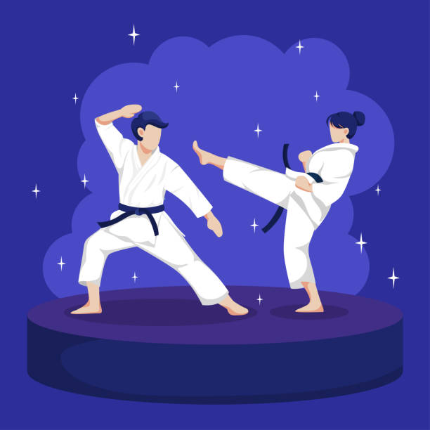 Athlete judo or taekwondo competition Male and female Athlete judo or taekwondo competition, cartoon character, vector illustration karate illustrations stock illustrations