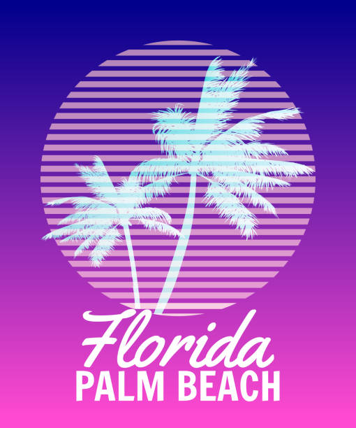 illustrations, cliparts, dessins animés et icônes de conception de t-shirt imprimé florida palm beach sunset. affiches de silhouettes de palmiers - text surfing surf palm tree