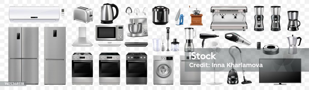 Sada domácích spotřebičů: mikrovlnná trouba, pračka, lednice, vysavač, multicooker, kuchyňský robot, mixér, žehlička, odšťavňovač, toustovač. Realistický 3D vektor, izolovaný - Bez autorských poplatků Domácí spotřebič - Vybavení domácnosti vektorové obrázky Sada domácích spotřebičů: mikrovlnná trouba, pračka, lednice, vysavač, multicooker, kuchyňský robot, mixér, žehlička, odšťavňovač, toustovač. Realistický 3D vektor, izolovaný - Bez autorských poplatků Domácí spotřebič - Vybavení domácnosti vektorové obrázky