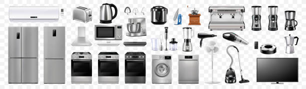 ilustraciones, imágenes clip art, dibujos animados e iconos de stock de un conjunto de electrodomésticos: horno microondas, lavadora, refrigerador, aspiradora, multicocina, procesador de alimentos, licuadora, plancha, licuadora exprimidora, tostadora. vector 3d realista, aislado - small appliance