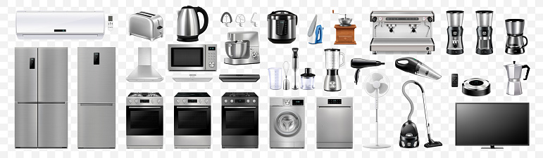 A set of household appliances: microwave oven, washing machine, refrigerator, vacuum cleaner, multicooker, food processor, blender, iron, juicer blender, toaster. Realistic 3D vector, isolated