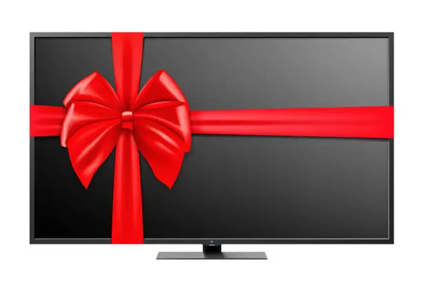 Vector illustration of Plasma tv with red ribbon and bow. 3D rendering. Gift concept. Realistic vector illustration isolated on white background