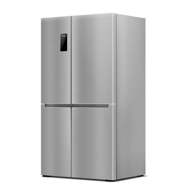 istock Stainless Steel Double Door Refrigerator. Side View . Realistic 3d rendering. American Style Fridge. Isolated vector illustration on White background. Modern Kitchen and Domestic Major Appliances 1405368678