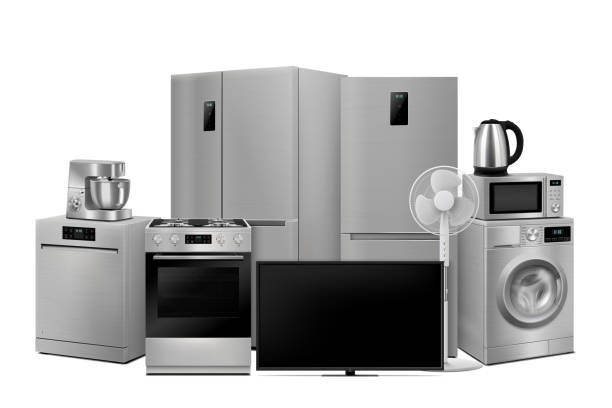 istock A set of household appliances: microwave oven, washing machine, refrigerator, double door fridge, stove, fan,TV, dishwasher, food processor, kettle. Realistic 3D vector, isolated 1405368699