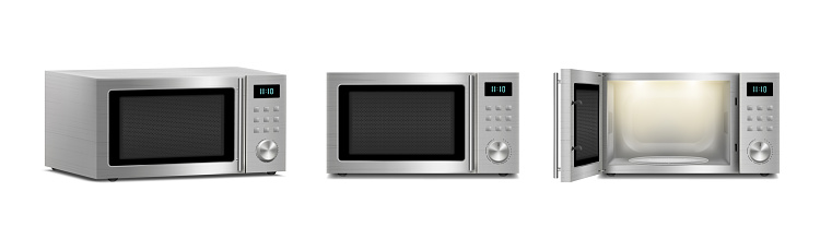 Set of microwave ovens with light inside, with open and close door, front view, Side View isolated on white background. Household appliance to heat and defrost food, for cooking, with timer and buttons. Vector 3d realistic