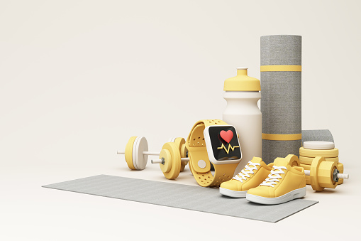 3D render illustration, sport fitness equipment, male and female concept, yoga mat, bottle of water, dumbbells, weights, with Fitness shoes and pulse watches isolate on pastel background. 3d render