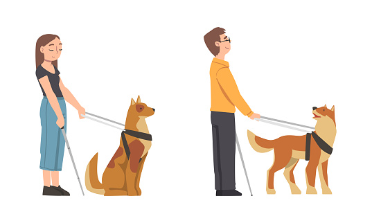 Guide Dog with Blind Man and Woman as Trained Assistance Pet and Seeing Eye Vector Set. Animal Companion for Leading Visually Impaired Male and Female