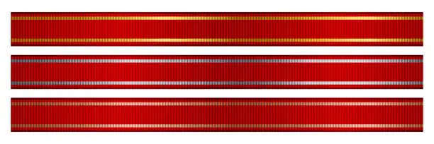 Vector illustration of Red ribbon set with grosgrain 3d texture and gold, silver and bronze trim on border