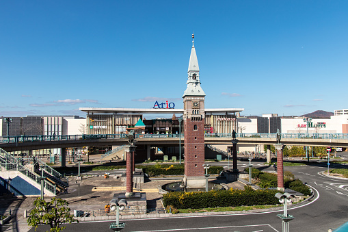 Kurashiki, Okayama Japan - Dec 2 2021 : Ario Kurashiki, a shopping center directly connected to the north exit of JR Kurashiki Station, in sunny day.