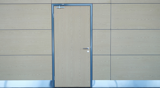 Wooden door to match wall in building background. Design and architectural projects of public places concept