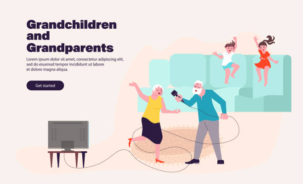 istock Landing webpage template with Grandparents spending time with grandchildren 1405370729