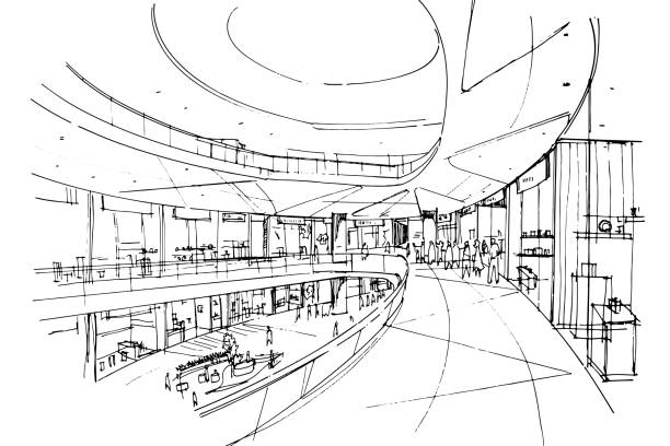 Fashion mall sketch drawing,Fashion shops and people walking around.,Modern design,vector,2d illustration Fashion mall sketch drawing,Fashion shops and people walking around.,Modern design,vector,2d illustration shopping mall stock illustrations
