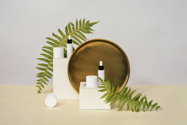 istock Minimal modern composition of natural cosmetics on white podiums 1405373765