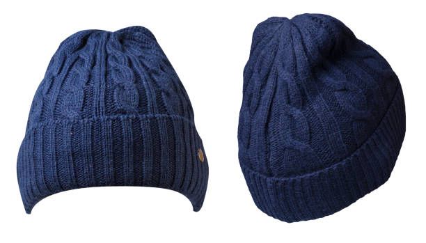흰색 배경.knitted 모자에 고립 된 모자입니다. 파란색 모자 - blue wool 뉴스 사진 이미지